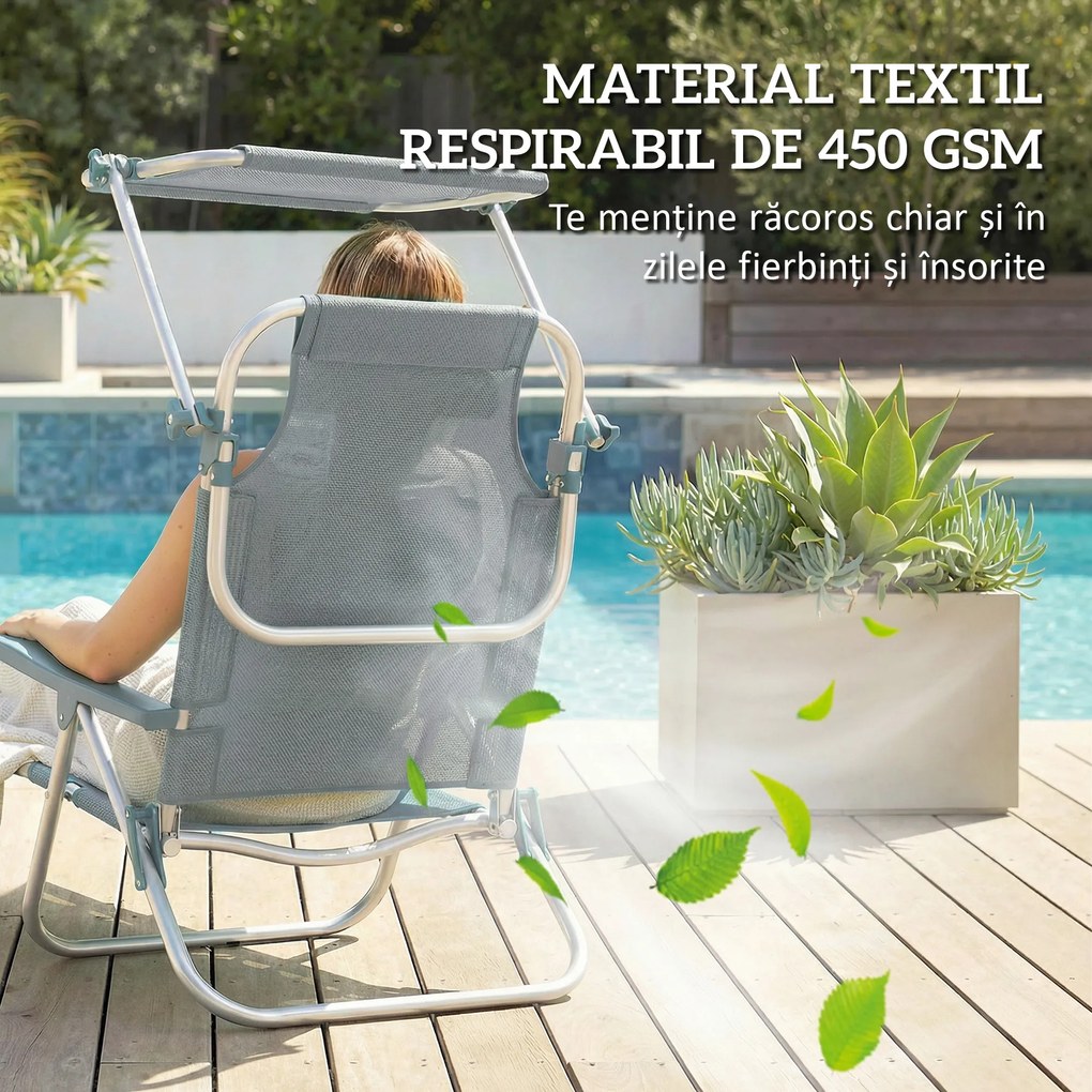 Outsunny Șezlong Reclinabil cu 6 Nivele, Copertină Reglabilă și Tetieră, din Aluminiu și Plasă, 62x68x79, Gri | Aosom Romania