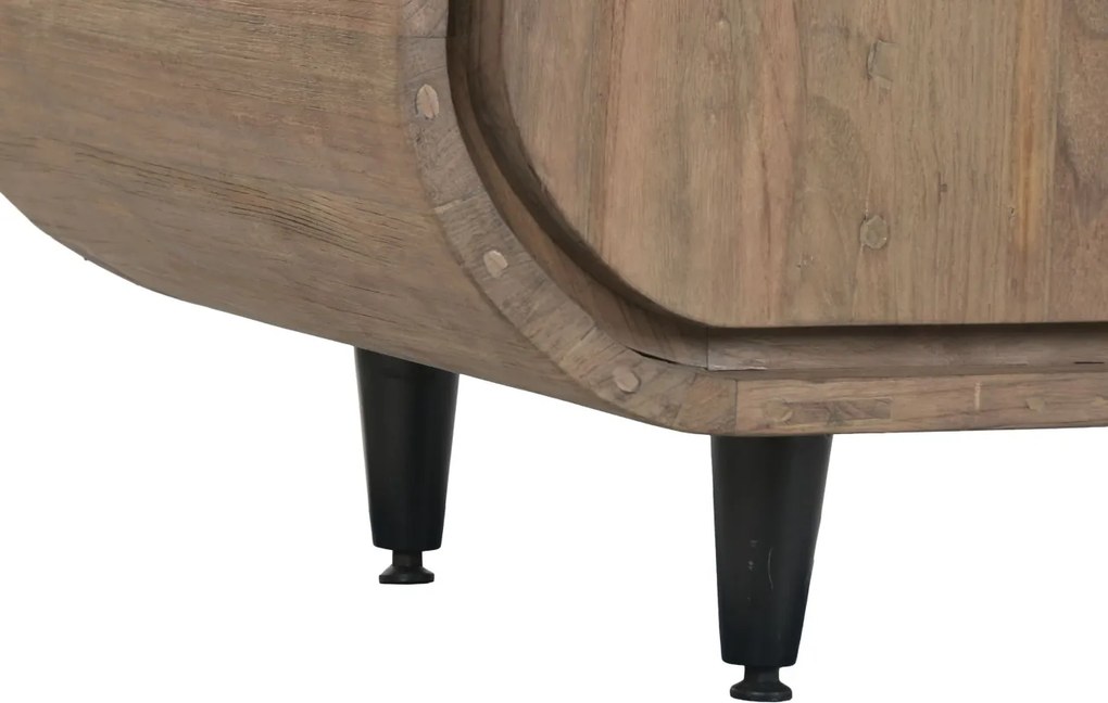 Bufet rustic din lemn de tec reciclat, natur, cu 4 uși cu colțuri rotunjite și picioare din metal negru, 80 x 200 x 45 cm, „Granville”