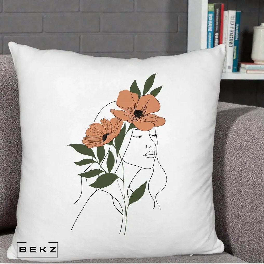 Perna Decorativa Portret Feminin Doua Maci Terracotta, 40x40 cm, Alb Pufos, Husa Detasabila, Perna Inclusa, BEKZ®