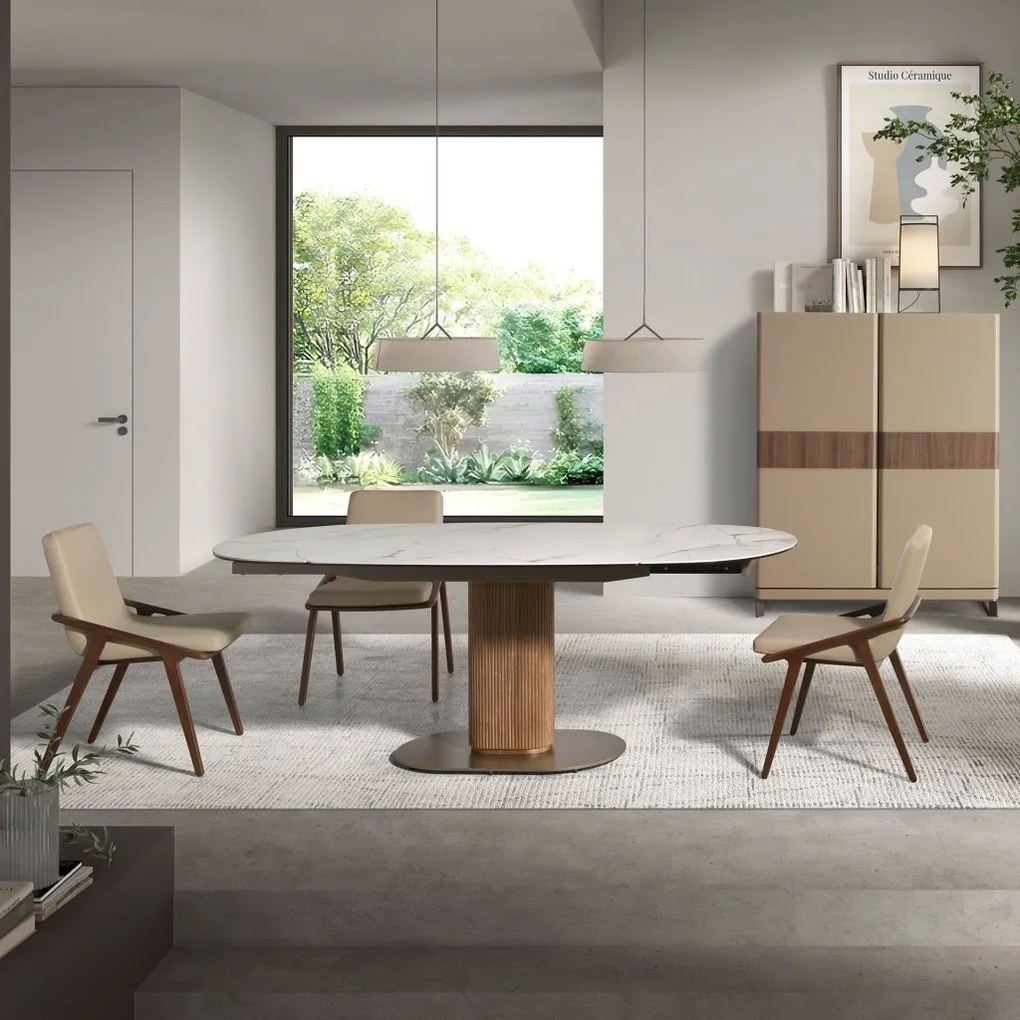 Masa extensibila din lemn si marmura portelanata Barrel 140-200x100cm