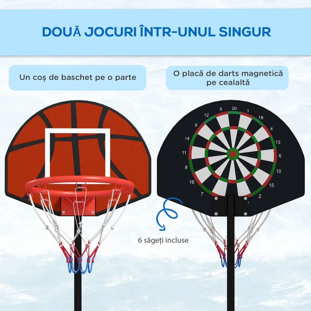 SPORTNOW Coș de Baschet și Stâlp cu Tablă de Darts Magnetică cu Săgeți, Coș de Baschet Reglabil în Înaltime, 38,5x48,5x179 cm, Negru | Aosom Romania