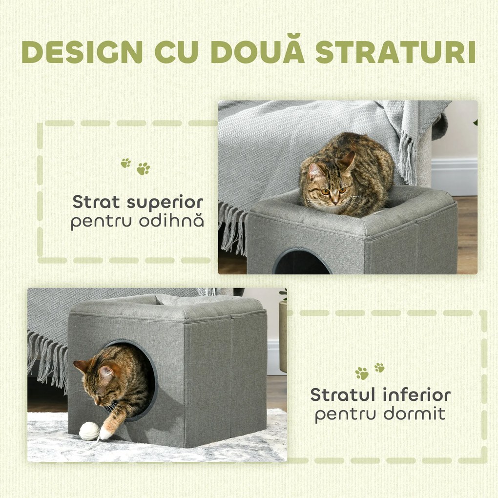 PawHut Căsuță pentru Pisici cu 2 Nivele și Pernă din Pluș, din Lemn, Poliester și Plastic, 36.5x36.5x33 cm, Verde | Aosom Romania