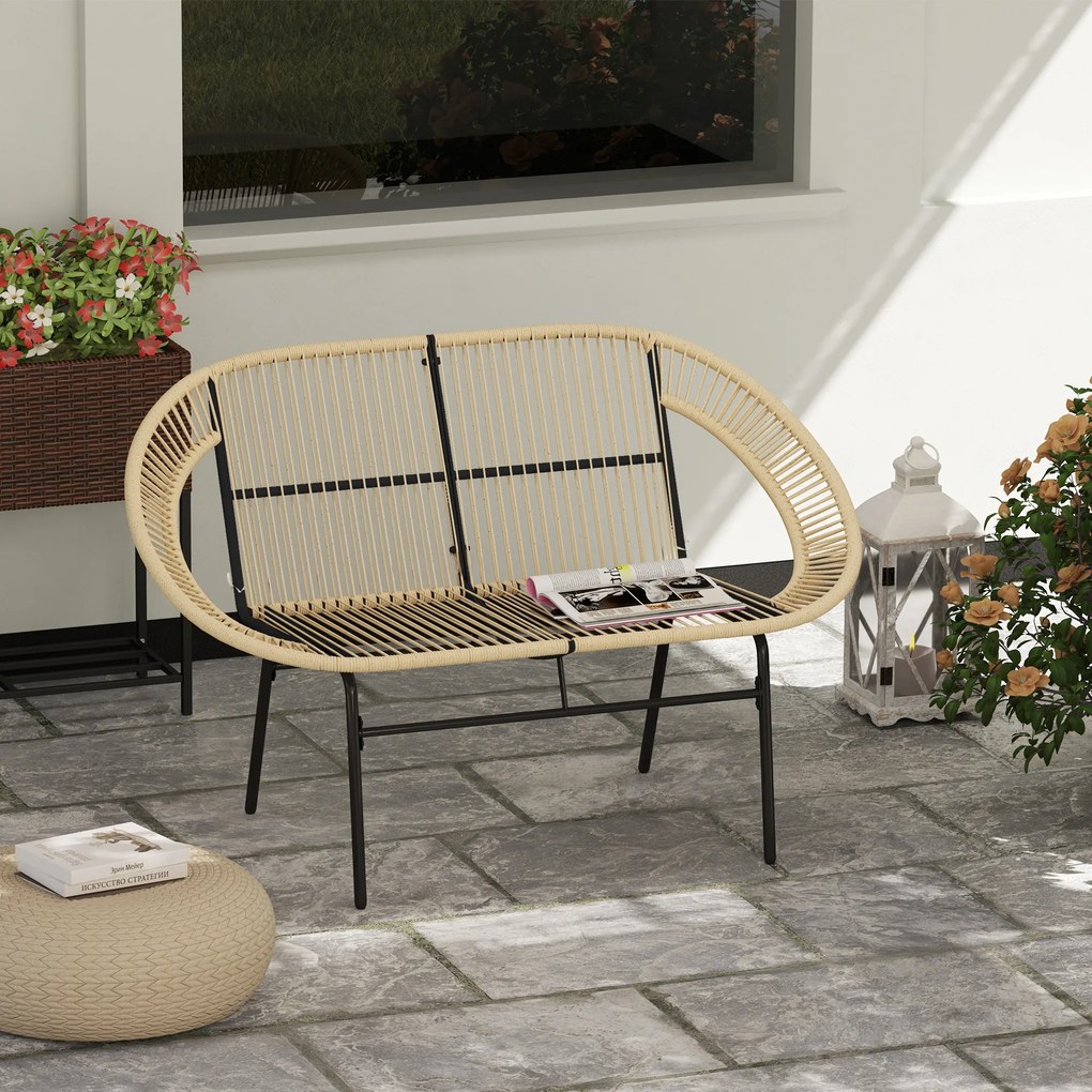 Outsunny Fotoliu de gradina pentru doua persoane din Polyrattan, rezistent la intemperii, imprimat cu design impletit din ratan, rezistent la UV, 260kg capacitate de incarcare, Kaki | Aosom Romania