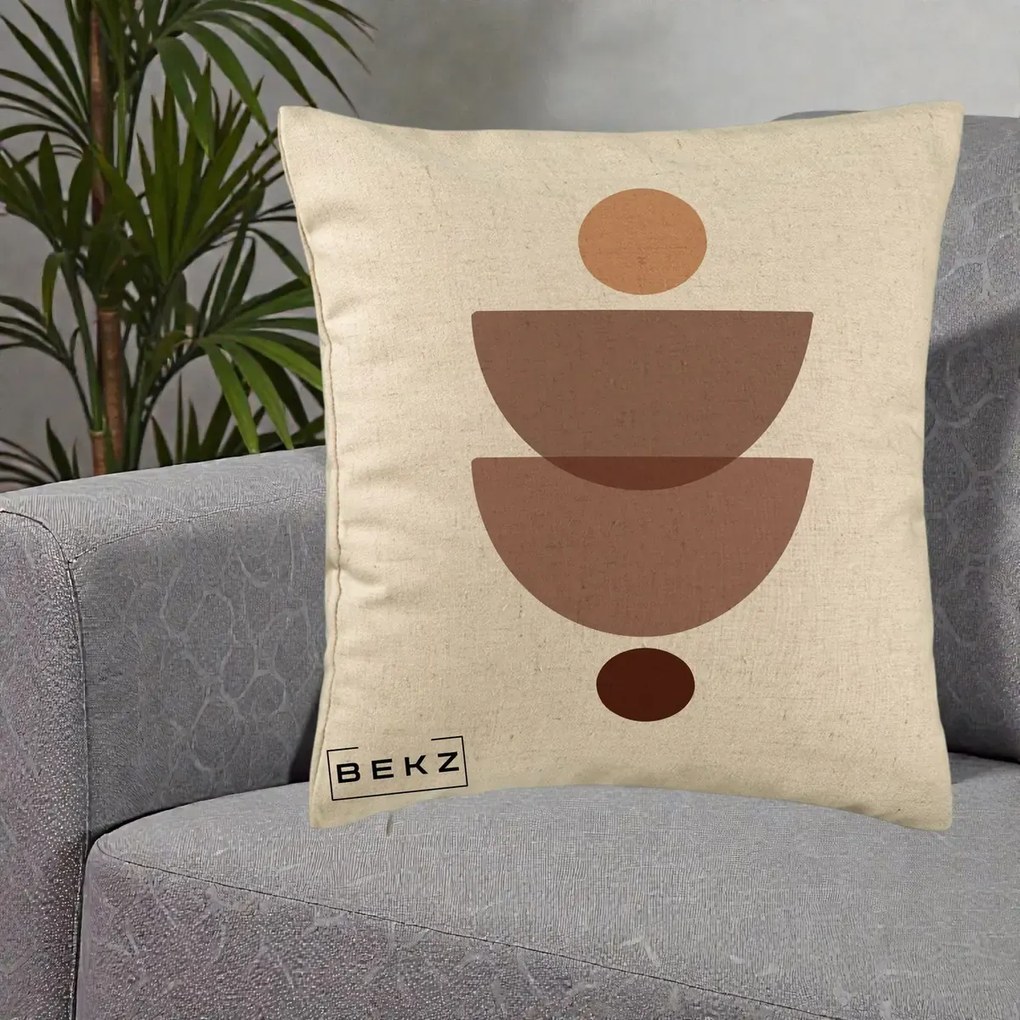 Perna Decorativa Geometric Boho Semicercuri Brun, 40x40 cm, Bej, Husa Detasabila, Perna Inclusa, BEKZ®
