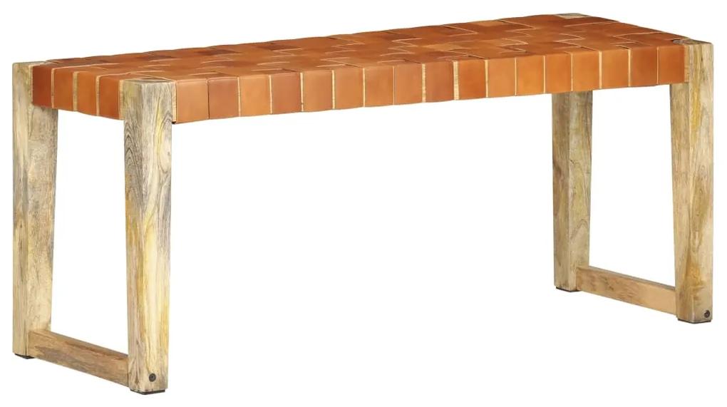 Banca, maro, 110 cm, piele naturala si lemn masiv de mango Maro, 110 x 35 x 45 cm