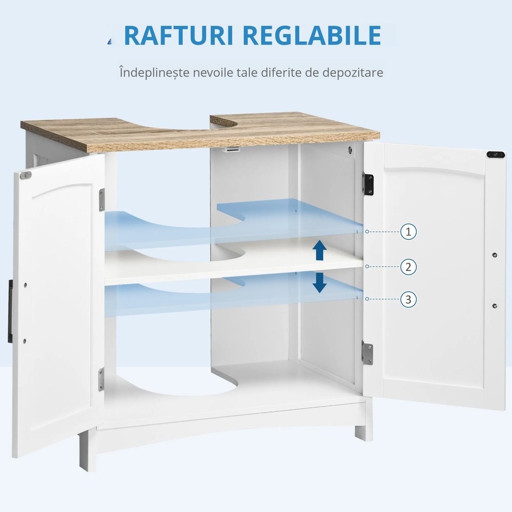 kleankin Dulap Sub Lavoar Baie cu 2 Uși și Raft Reglabil Alb și Lemn | Aosom Romania