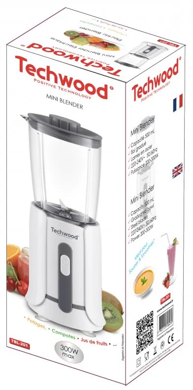 Mini blender Techwood TBL-201, 300 W, 0,5 l, cuțite din oțel, alb