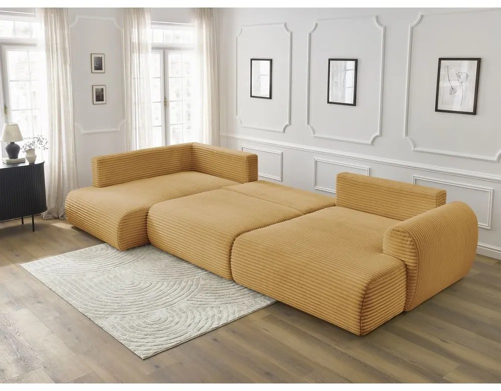 Colțar galben muștar extensibil/cu spațiu de depozitare cu tapițerie din catifea reiată (cu colț pe partea stângă/în formă de "U") Lucien – Bobochic Paris