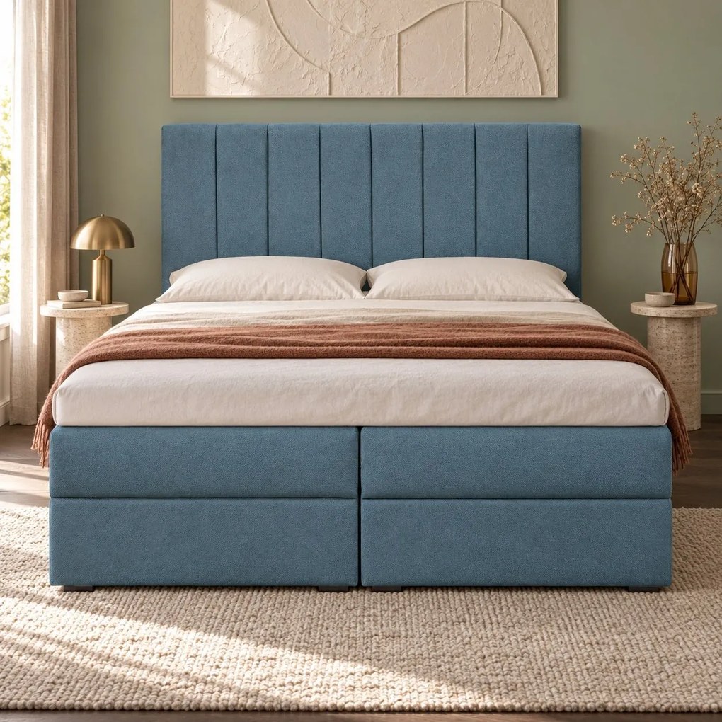 Pat boxspring din catifea Novella cu ladă 140×200 cm, albastru