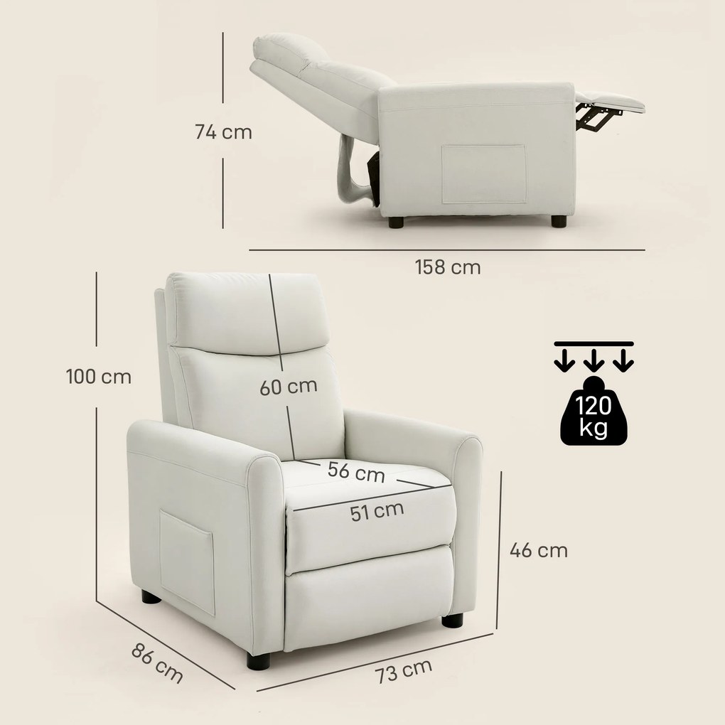 HOMCOM Fotoliu Reclinabil 135° max în Material cu Efect de In, Spumă, Oțel și Lemn, 73x86x100 cm, Crem | Aosom Romania