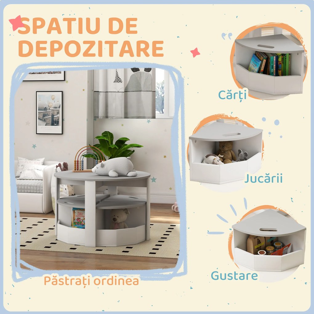 AIYAPLAY Birou Copii, Masă și Scaune pentru Copii din 5 Piese cu Depozitare, pentru Clasă, Creșă, Grădiniță, 78x78x49 cm, Gri