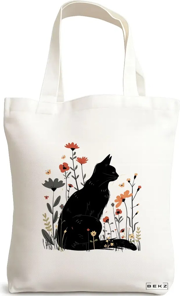 Sacosa de Panza pentru Cumparaturi, Geanta Tote, model Cat and Flowers 6, 38 x 34.5 cm, Alba, BEKZ®