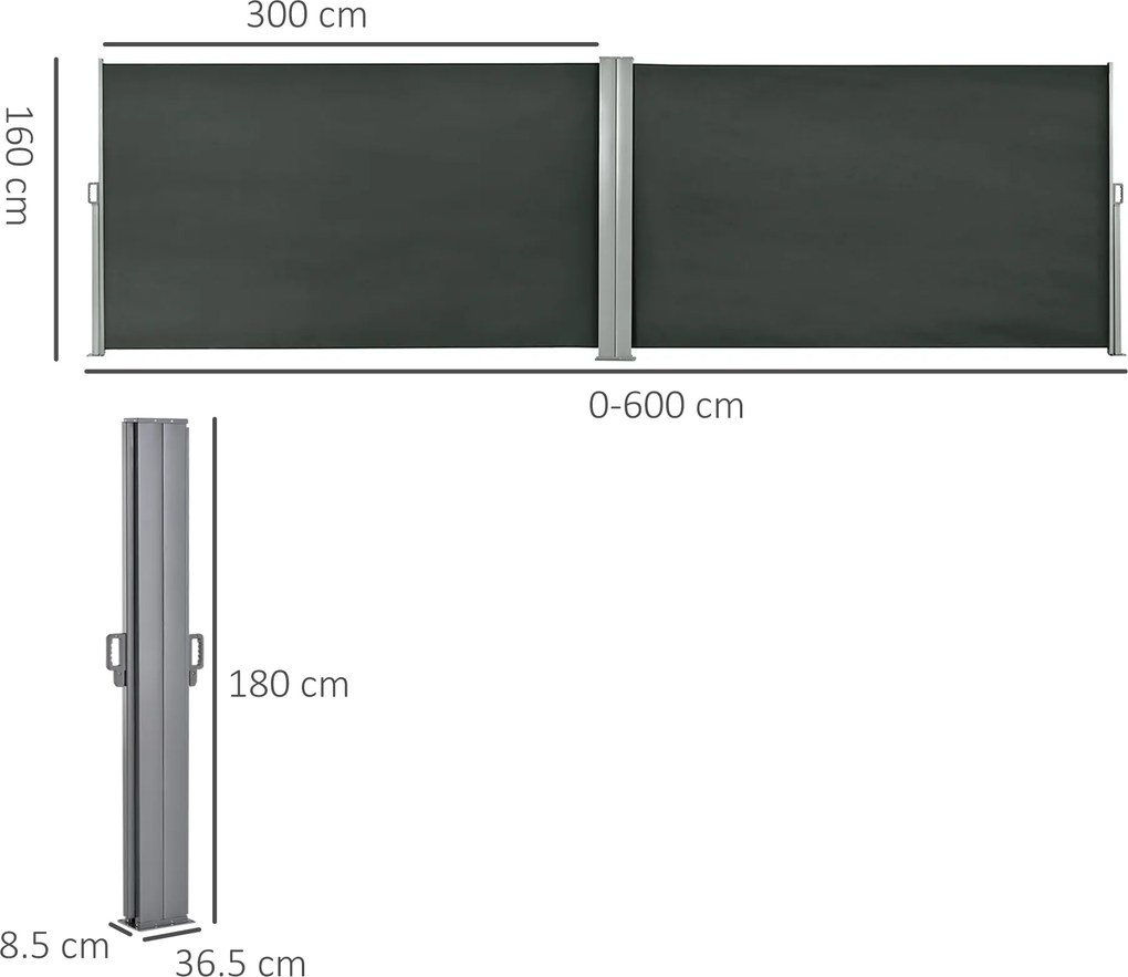 Outsunny Perdea Laterală Retractabilă cu Mâner, Paravan din Metal și Poliester 180 g/m², Anti-UV, pentru Intimitate Exterior, pentru Balcon Grădină, 600x180 cm, Gri | Aosom Romania