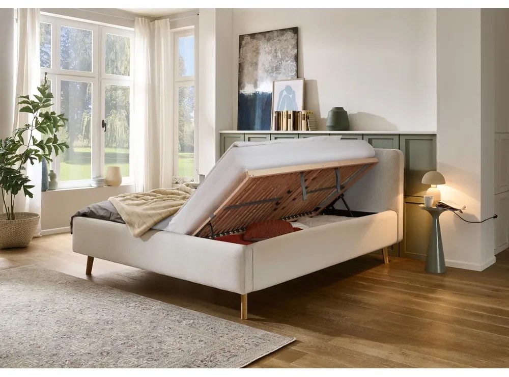 Pat matrimonial crem tapițat cu spațiu de depozitare cu somieră 160x200 cm Mattis – Meise Möbel