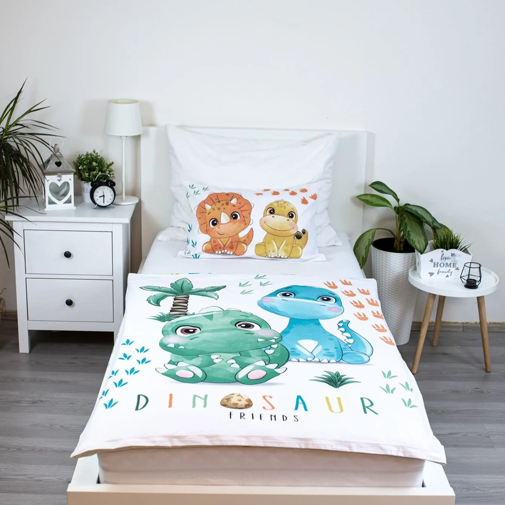 Lenjerie de pat din bumbac pentru patut DINO BABIES alba Dimensiune lenjerie de pat: 40 x 60 cm | 100 x 135 cm