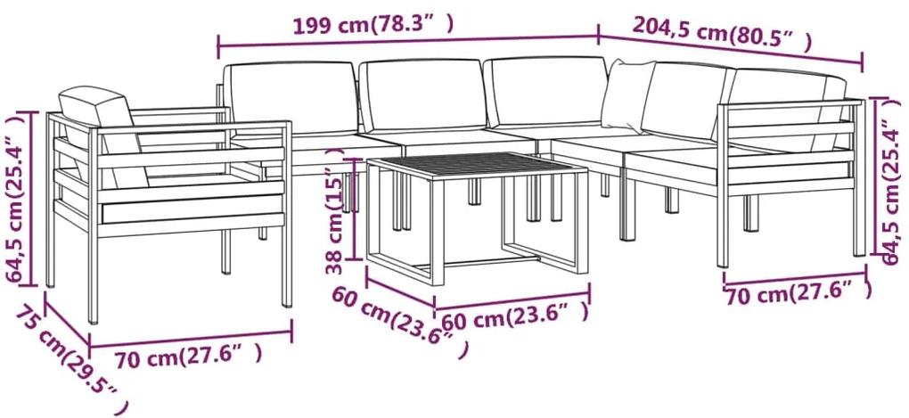 Set mobilier de gradina cu perne, 7 piese, antracit, aluminiu 2x colt + 3x mijloc + fotoliu + masa, 1