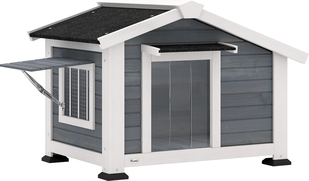 PawHut Căsuță pentru câini rezistentă la intemperii din lemn cu podea detașabilă, acoperiș din asfalt, fereastră rabatabilă 98x76x69,5 cm gri | Aosom Romania