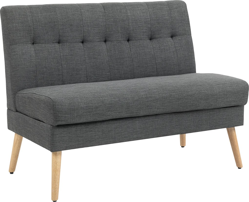 HOMCOM Canapea cu 2 locuri, spătar tuftat, picioare din lemn, căptușeală groasă, aspect de in, pentru spații mici, gri | Aosom Romania