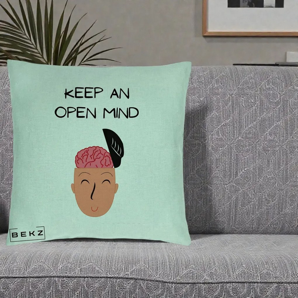 Perna Decorativa Keep An Open Mind, 40x40 cm, Verde Menta, Husa Detasabila, Perna Inclusa, BEKZ®