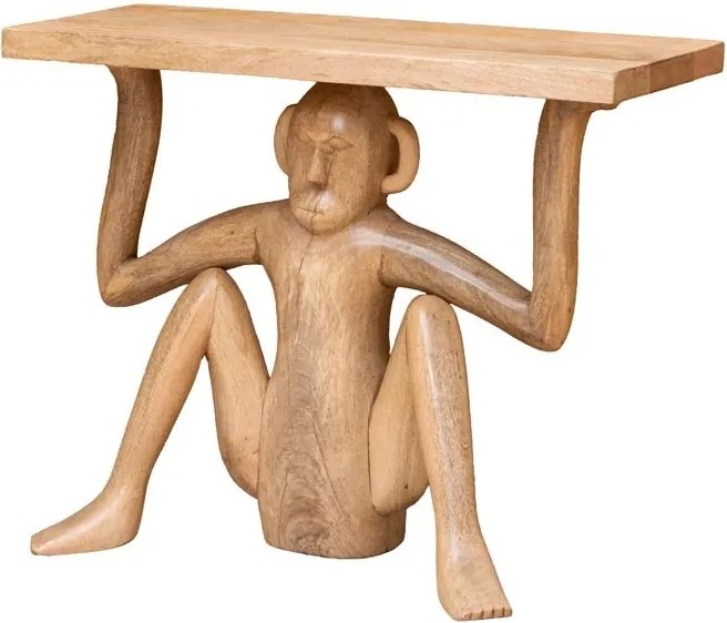Măsuță laterală din lemn masiv de mango, natur, cu blat dreptunghiular susținut de o sculptură de maimuță cioplită manual, finisaj natural,