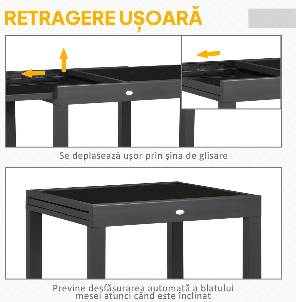 Outsunny Masă de Grădină Extensibilă cu Blat din Sticlă 80-160x80x75 cm Negru | Aosom Romania