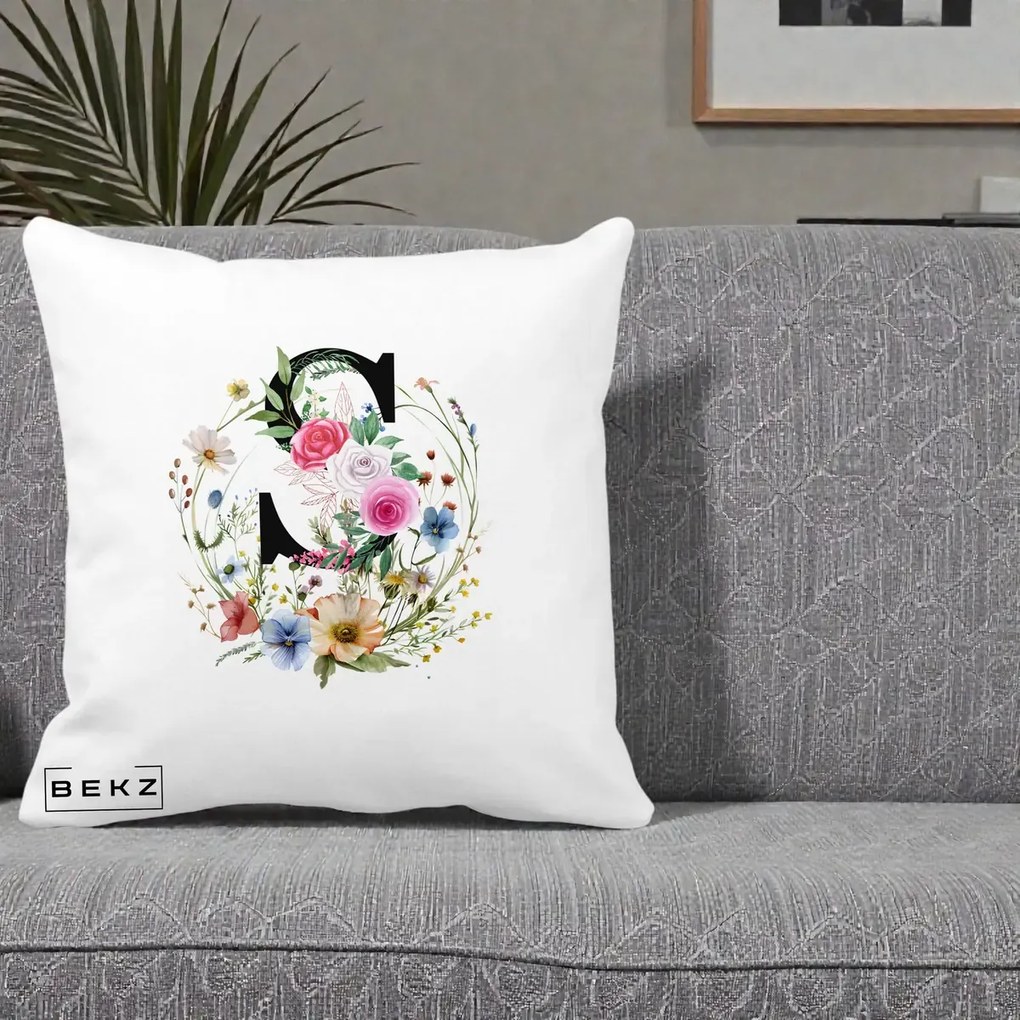Cadou Personalizat - Perna Personalizata Monogram Litera S cu Flori Acuarela, 40x40 cm, Alba Mata, Husa Detasabila, Perna Inclusa, BEKZ®