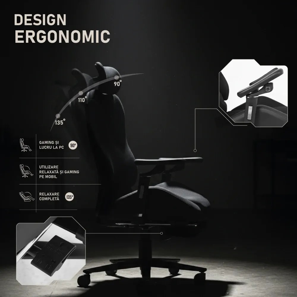 LUMINA X-Motion Plus – Ergonomie Avansată, Cotiere 5D, Textil, Negru