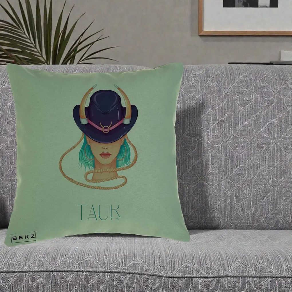 Perna Personalizata Zodie Taur, 40x40 cm, Verde, Husa Detasabila, Perna Inclusa, BEKZ®
