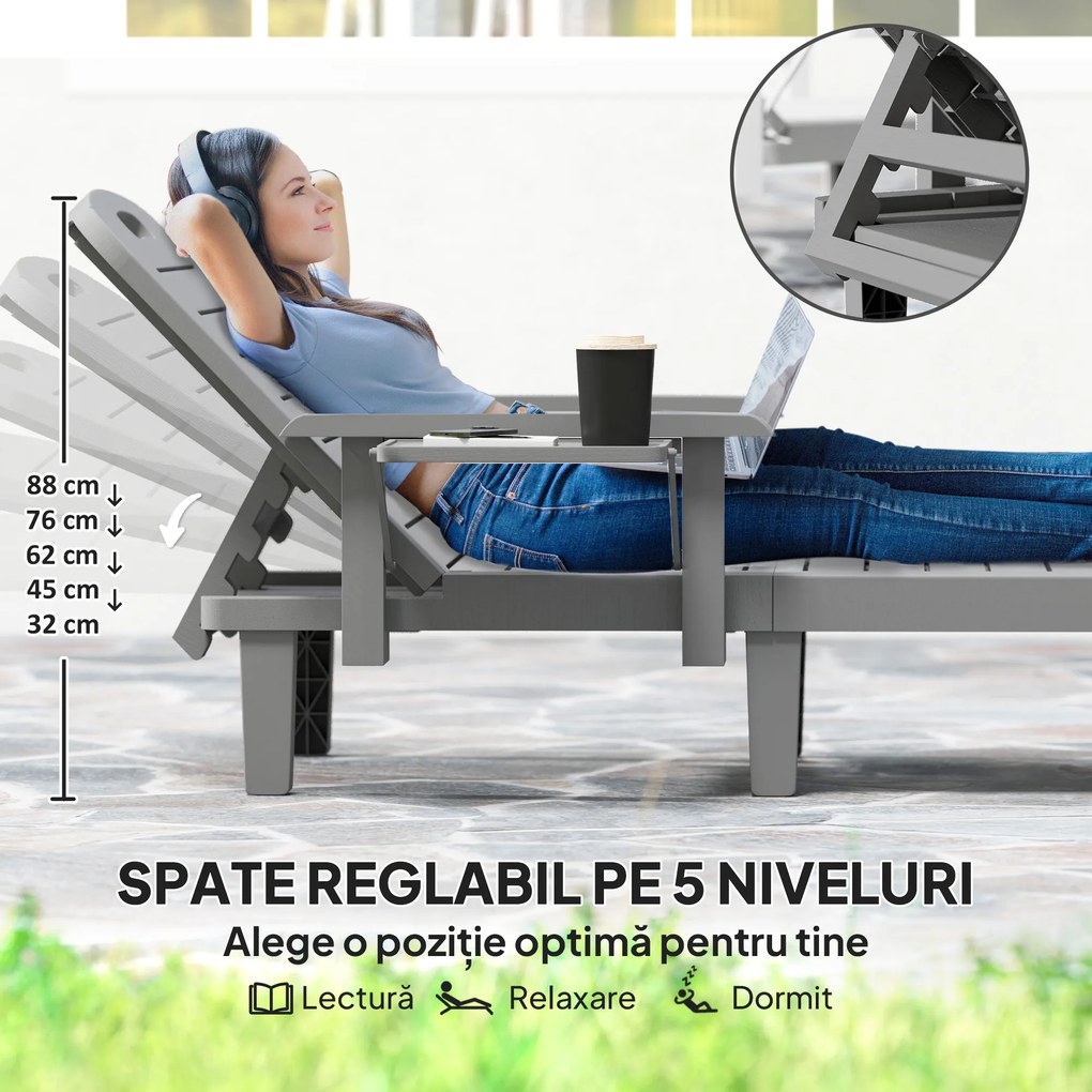 Outsunny Set 2 Șezlonguri cu Spătar Reglabil în 5 Poziții, Măsuță și Brațe Ergonomice, 79x158x88 cm, Gri | Aosom Romania