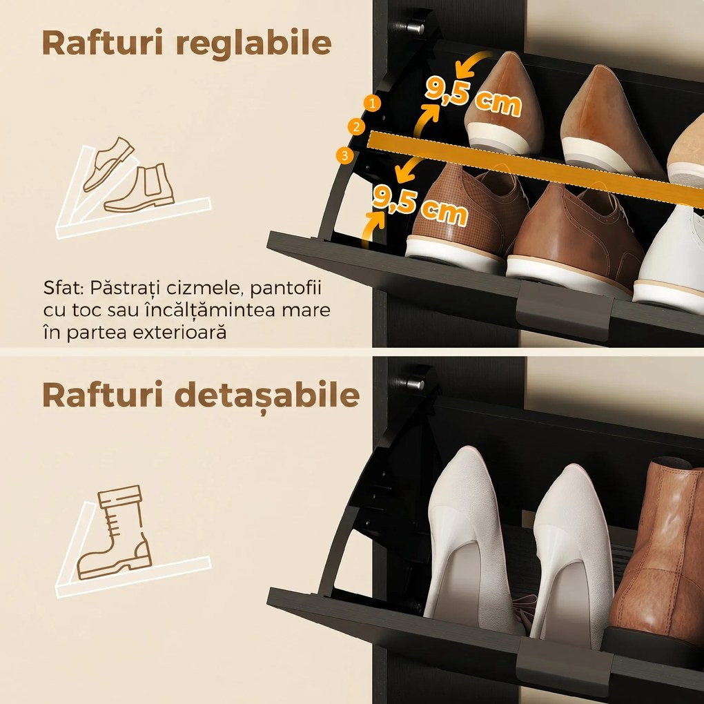 HOMCOM Dulap Pantofi cu Oglindă, 4 Sertare Rabatabile, Dulap de Hol, 82 x 30 x 168 cm, Negru | Aosom Romania