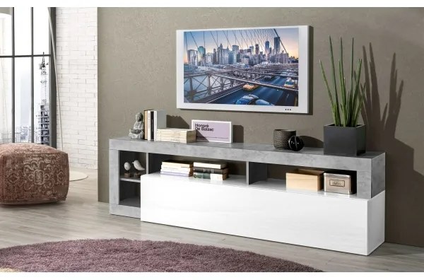 Comodă TV LENOR, alb/gri cu aspect beton