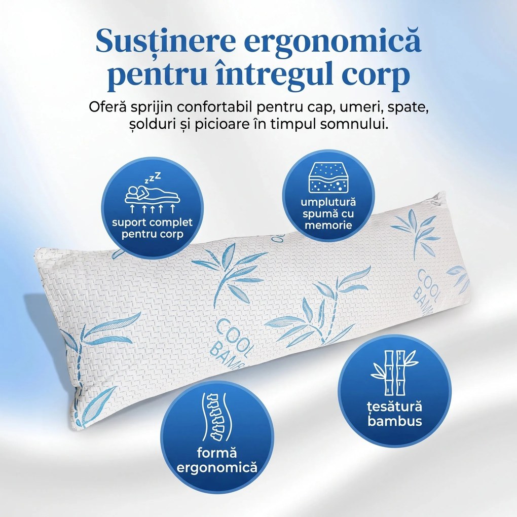 Perna corp memory foam cu husa bambus efect racire, 40×110 cm, Alb/Verde