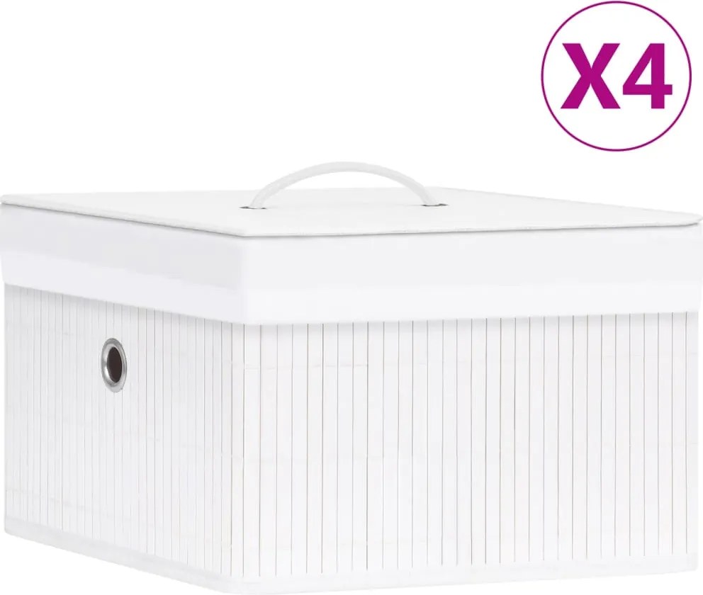 vidaXL Cutii de depozitare, 4 buc., alb, bambus