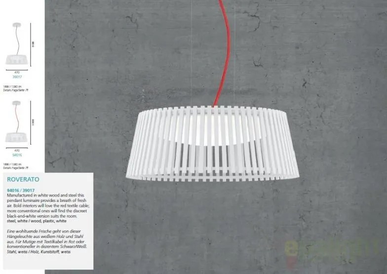Lustra, Pendul modern diam.47cm, H-110, lemn finisaj alb, cablu rosu, LED Roverato 94016 EL