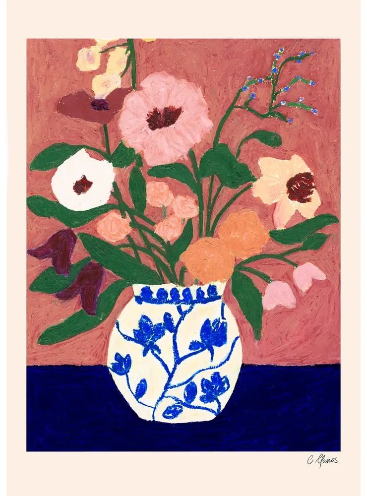 Poster 30x40 cm Flowers on Blue Table – Carla Llanos – The Poster Club