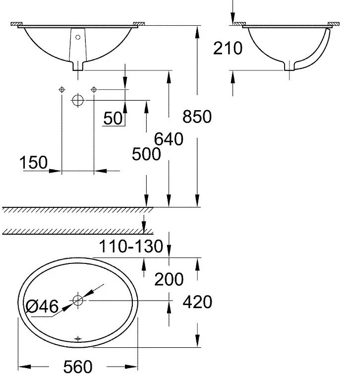 Grohe Bau Ceramic lavoar 56x42 cm ovale sub blat alb 39423000