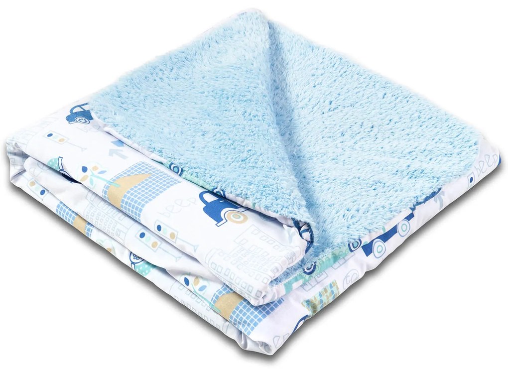 Paturica dubla pufoasa cu doua fete 100x78 cm Kidizi Fluffy Busy City