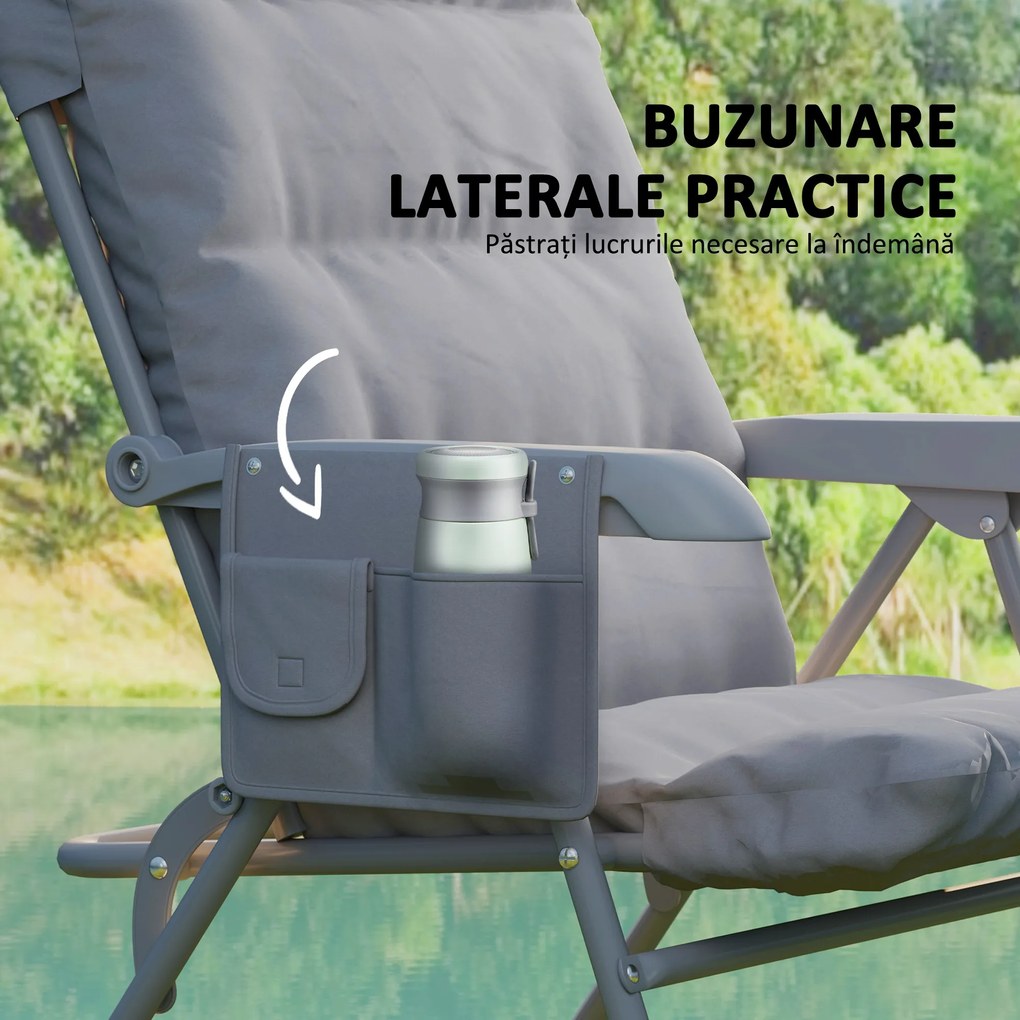Outsunny Scaun de Camping Pliabil cu Spătar Înalt Reglabil în 5 Poziții și Buzunare Laterale, 66x58x105 cm, Gri Deschis | Aosom Romania