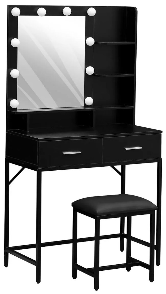 Set ELINORE – Masă de Toaletă pentru Machiaj, Oglinda Iluminata 10 becuri LED, 2 sertare, separatoare, rafturi, scaun, Negru