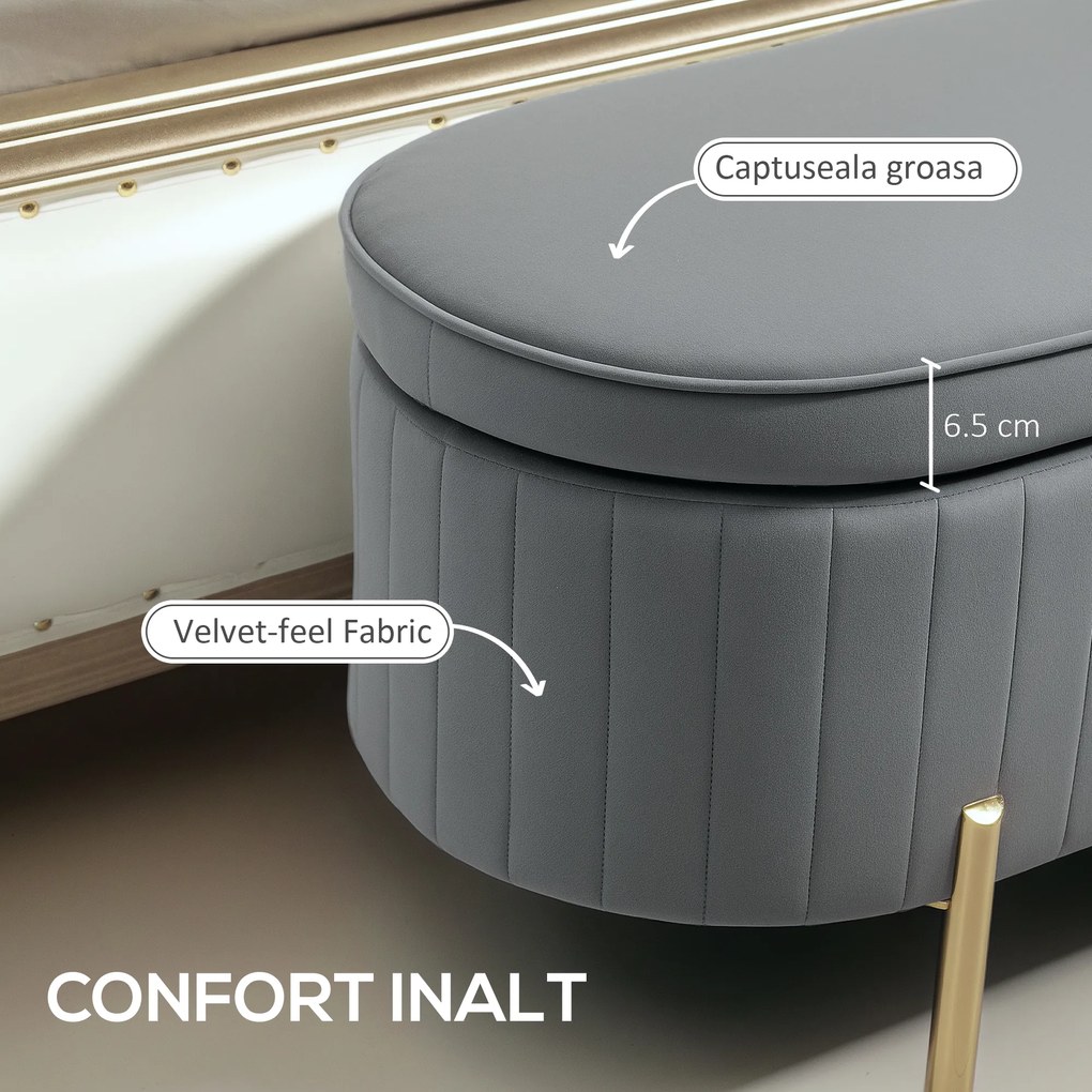 HOMCOM Bancă de Depozitare pentru Intrare Ovală 72L cu Design Scanalat, Capac Ridicabil și Șezut Capitonat, Bancă de la Capătul Patului Pouf în Catifea și Picioare de Lemn de Pin, 108x44x43.5 cm, Gri | Aosom Romania