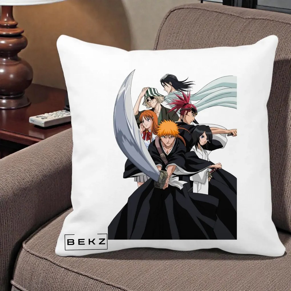Perna Personalizata Bleach Grup Complet Ichigo si Prietenii, 40x40 cm, Alba Mata, Husa Detasabila, Perna Inclusa, BEKZ®