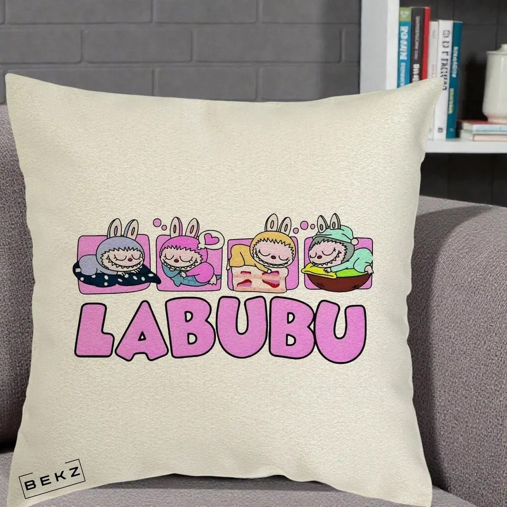 Perna Personalizata Labubu Sleeping Quad, 40x40 cm, Ecru, Husa Detasabila, Perna Inclusa, BEKZ®