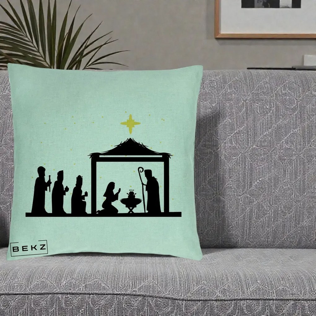 Perna Decorativa Nasterea Pruncului Silueta Neagra si Stea Aurie, 40x40 cm, Verde Menta, Husa Detasabila, Perna Inclusa, BEKZ®