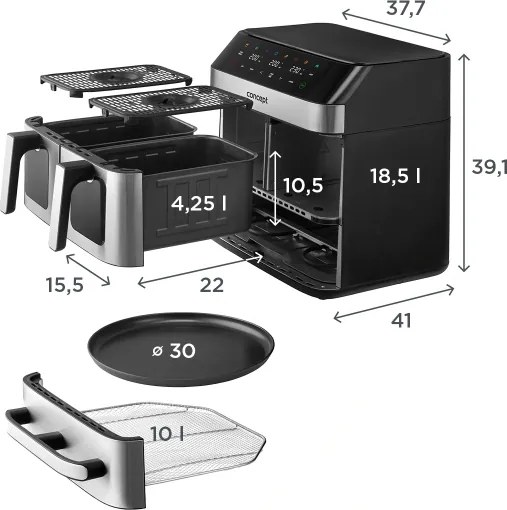 Concept FR9000 - Friteuză cu aer cald PIZZA TRIO 18,5 l 2700W/230V inox/negru