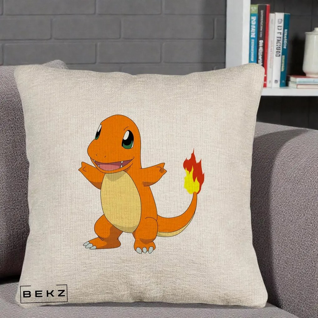 Perna Personalizata Charmander Pokemon, 40x40 cm, Bej Canapea, Husa Detasabila, Perna Inclusa, BEKZ®