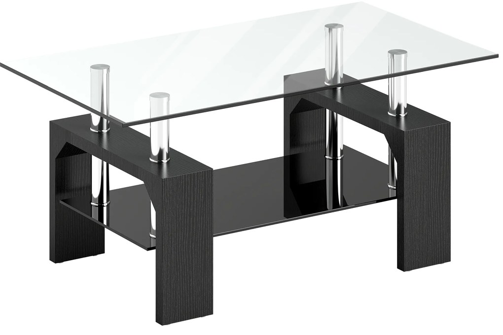 HOMCOM Măsuță de Cafea Modernă cu 2 Nivele din Lemn și Oțel cu Blat din Sticlă Temperată, 90x50x42 cm, Negru | Aosom Romania