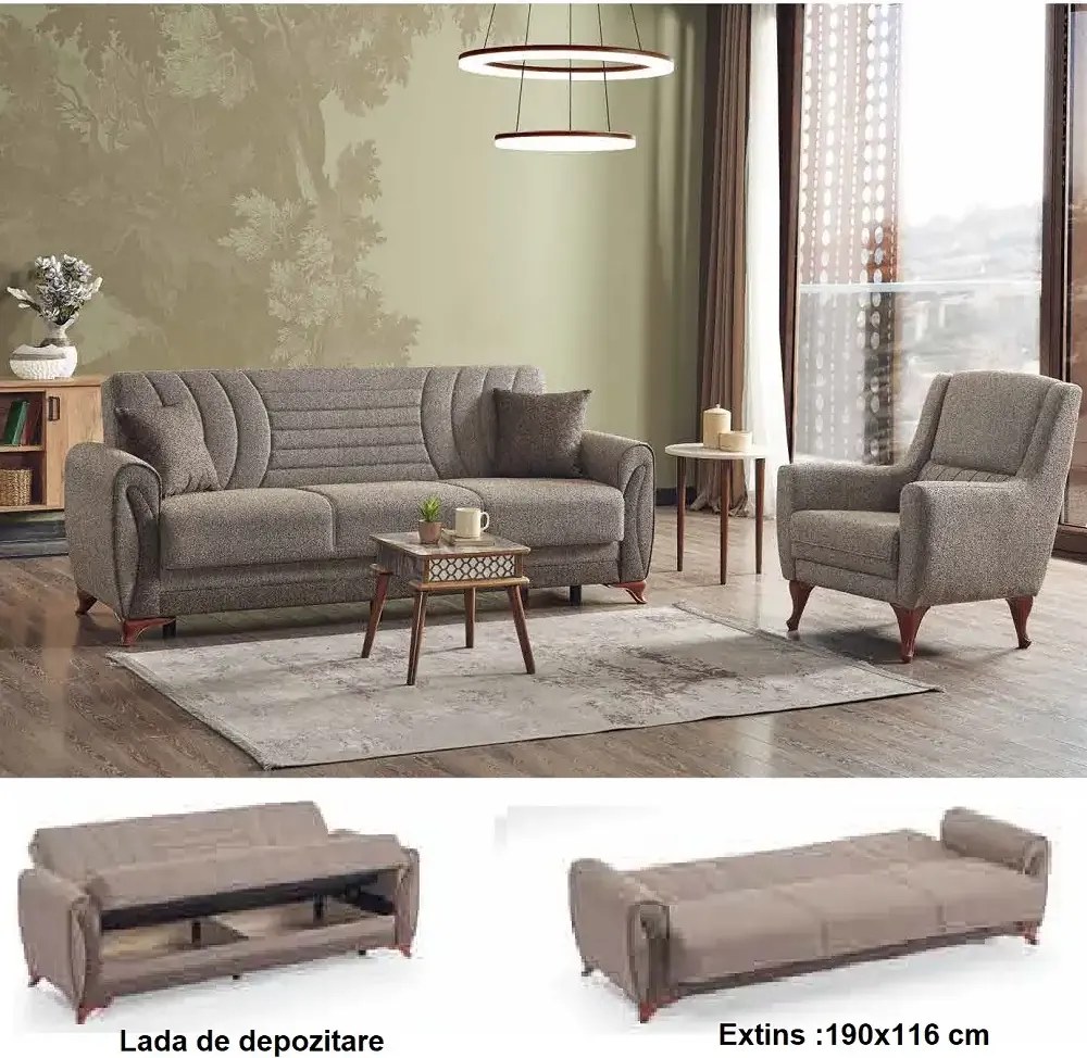 Canapea extensibila 3 locuri cu lada de depozitare Tara Homs, gri
