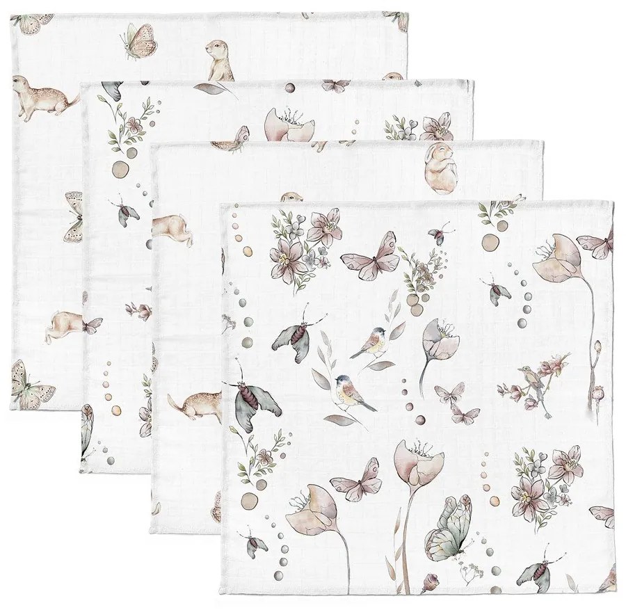 Set 4 Museline din bumbac si bambus, Scutec multifunctional Dreamland  Nature, 30 x 30 cm