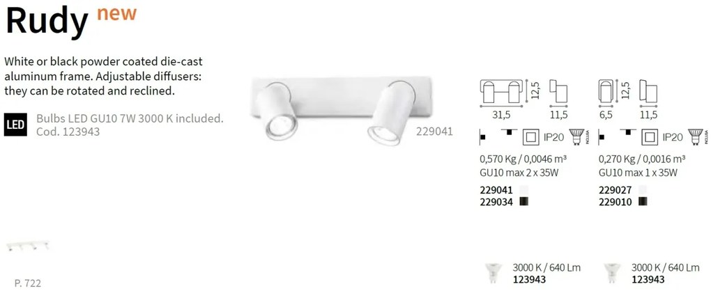 Plafoniera cu 3 spoturi directionabile RUDY PL3 BIANCO 229065 IDL
