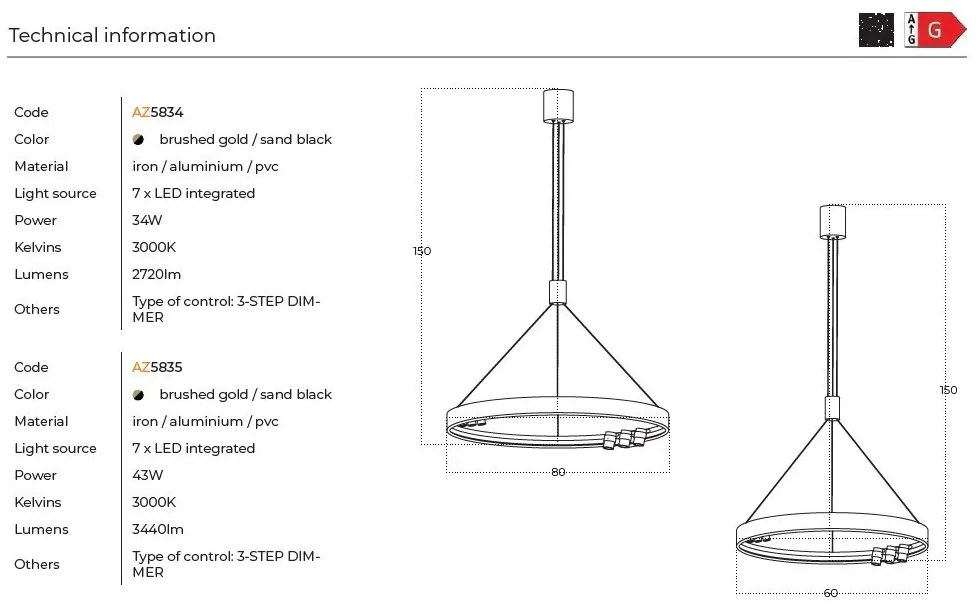 Lustra LED dimabila suspendata moderna SERAFINO 60 3-step dimm auriu/negru